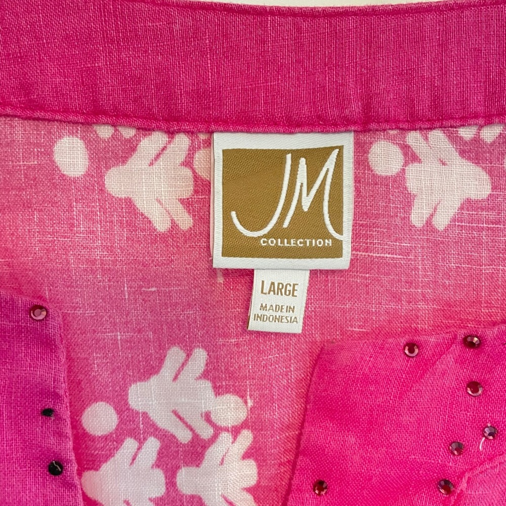 JM Collection top Large 100% linen pink Rhinestone embellish Boho Peasant Hippie - Picture 2 of 7